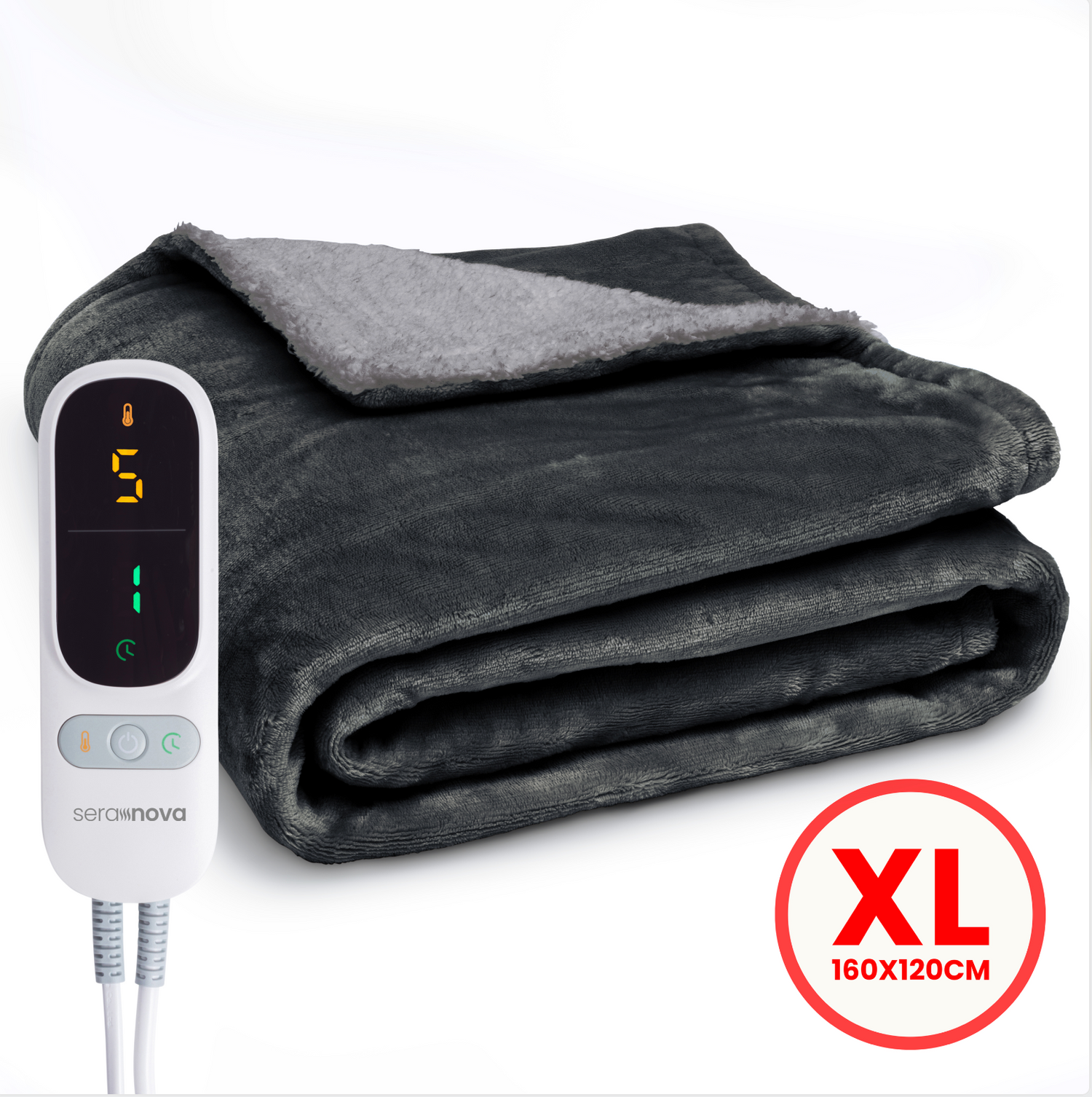 Seranova XL elektrische éénpersoons warmtedeken 160x120 cm in antraciet grijs met digitale afstandsbediening en sherpa voering.