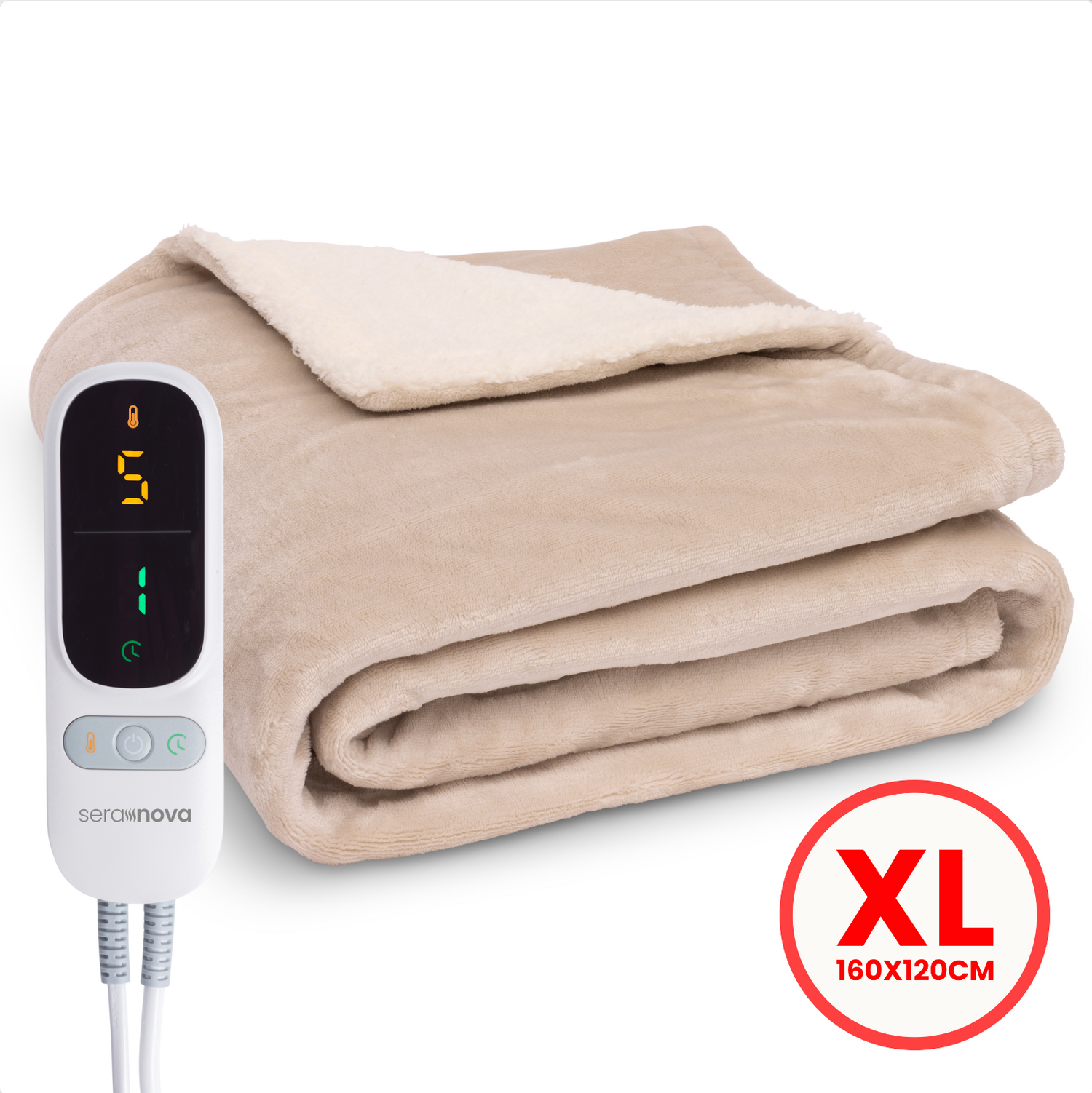 Seranova XL elektrische éénpersoons warmtedeken 160x120 cm in beige met digitale afstandsbediening en sherpa voering.