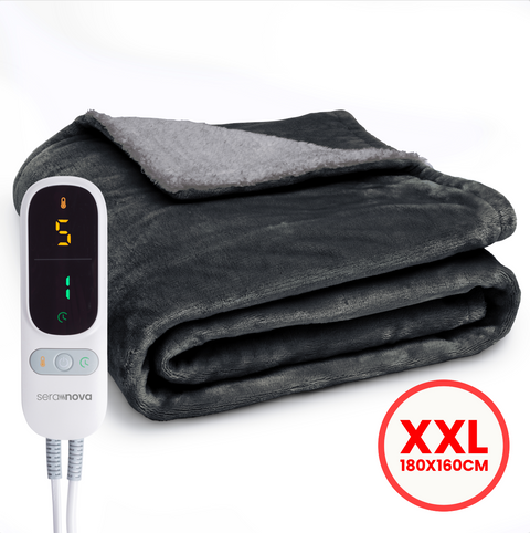 Seranova XXL elektrische warmtedeken 180x160 cm in antraciet grijs met digitale afstandsbediening, fleece stof en sherpa voering.