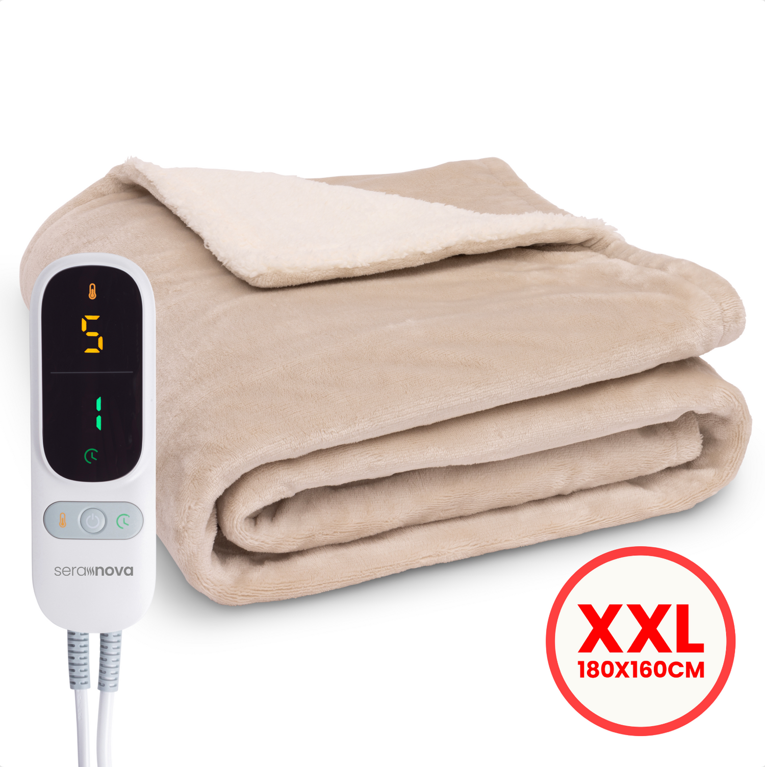 Seranova XXL elektrische warmtedeken 180x160 cm in créme beige met digitale afstandsbediening, fleece stof en sherpa voering.