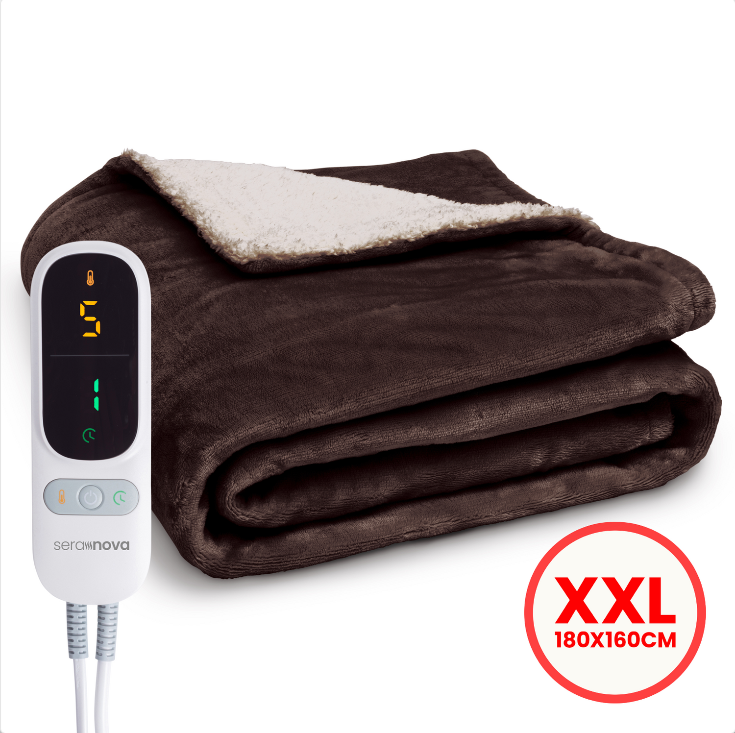 Seranova XXL elektrische warmtedeken 180x160 cm in kastanjebruin met digitale afstandsbediening en sherpa voering