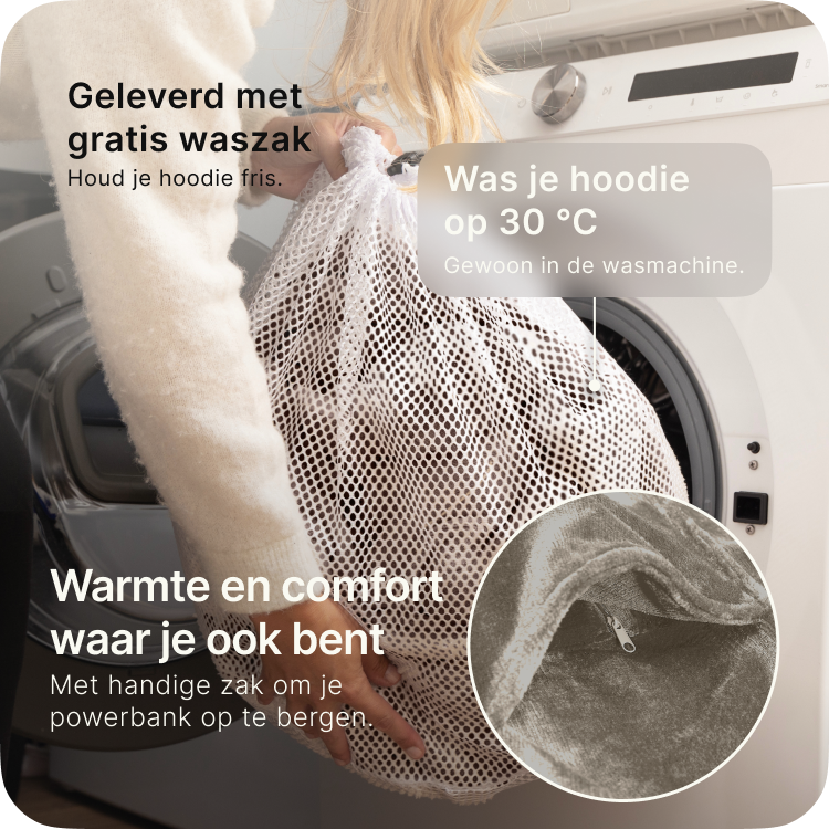 Verwarmde Snuggle Hoodie van Seranova in wasmachine met gratis waszak – detail van ingebouwd powerbankzakje