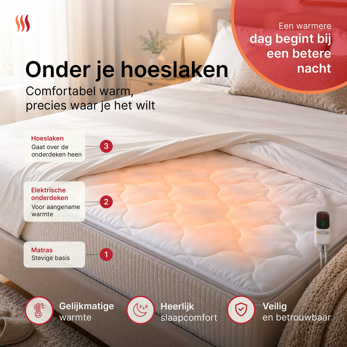 Elektrische onderdeken van Seranova ligt op de matras onder het hoeslaken
