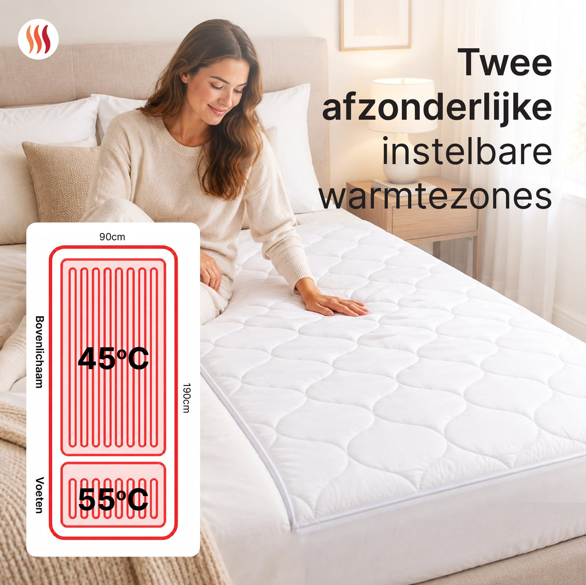Twee apart instelbare warmtezones van de elektrische onderdeken van Seranova: bovenlichaam 45 °C en voeten 55 °C