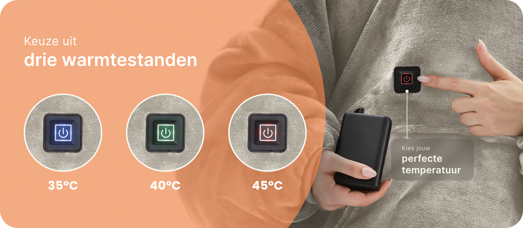 Bediening van verwarmde Snuggle Hoodie van Seranova – keuze uit drie warmtestanden: 35°C, 40°C en 45°C