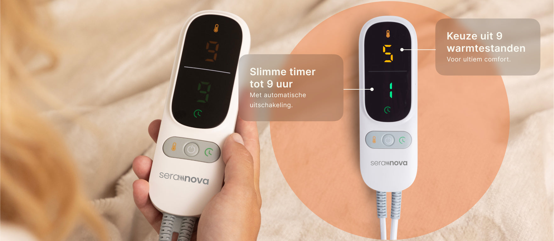 Afstandsbediening Seranova elektrische deken – 9 warmtestanden en timer tot 9 uur met automatische uitschakeling.