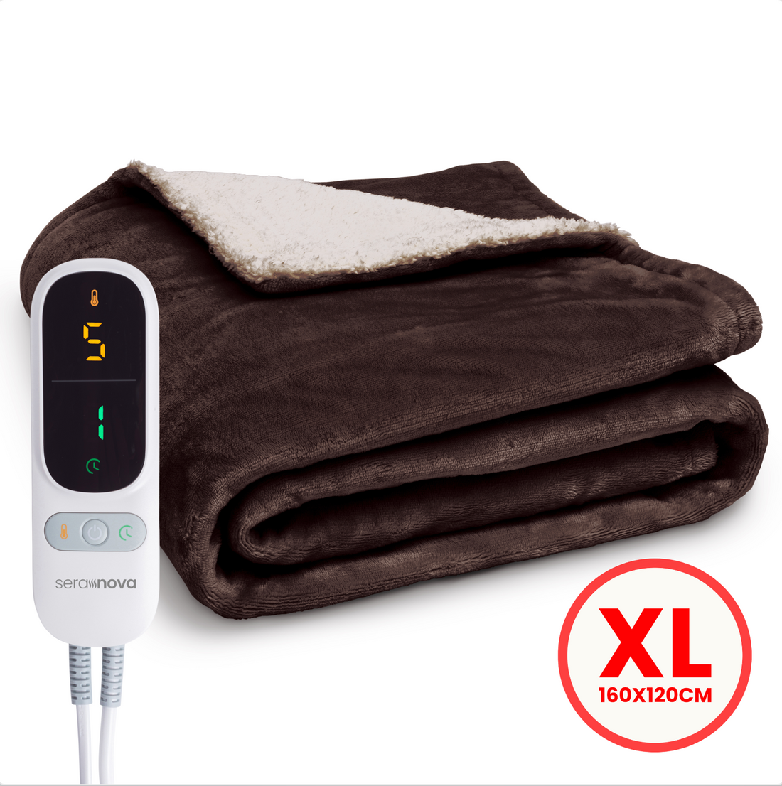 Seranova XL elektrische éénpersoons warmtedeken 160x120 cm in kastanjebruin met digitale afstandsbediening en sherpa voering. 