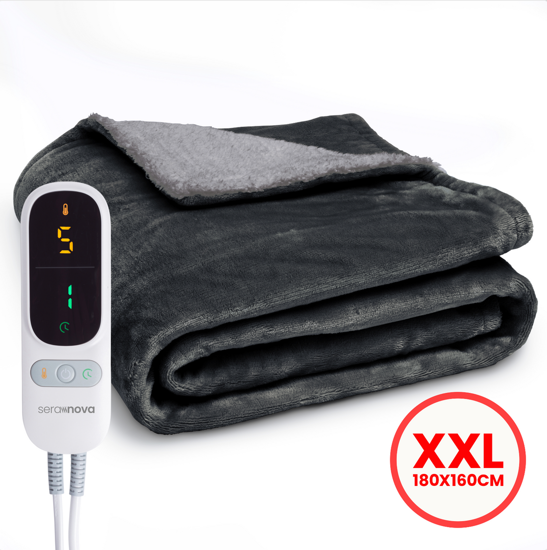 Seranova XXL elektrische warmtedeken 180x160 cm in antraciet grijs met digitale afstandsbediening, fleece stof en sherpa voering. 