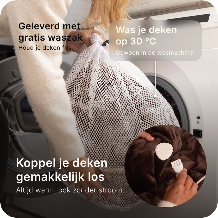 Vrouw stopt elektrische warmtedeken van Seranova in wasmachine met gratis waszak – wasbaar op 30°C.