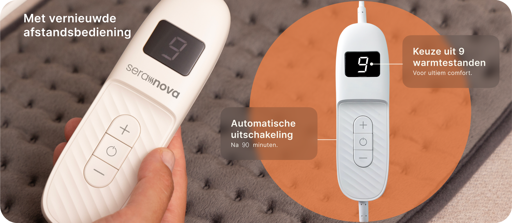 Bediening elektrisch warmtekussen Seranova – digitaal scherm met temperatuurregeling