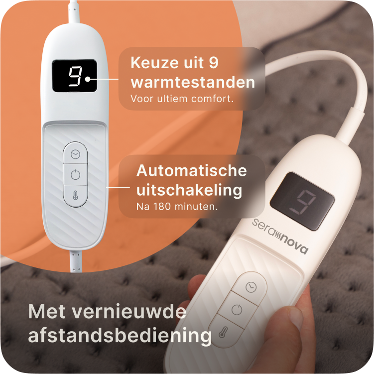 Afstandsbediening van Seranova elektrisch warmtekussen met 9 warmtestanden en automatische uitschakeling.   