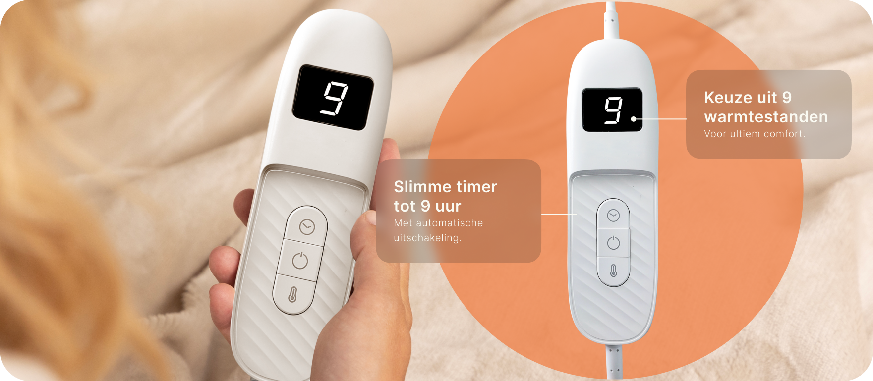 Afstandsbediening van Seranova elektrisch warmtedeken met 9 warmtestanden en slimme timer tot 9 uur. 