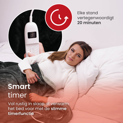 Elektrische warmtedeken met smart timerfunctie – instelbare verwarmtijd per 20 minuten voor ontspannen slaapcomfort.