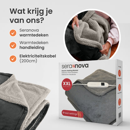 Inhoud verpakking Seranova warmtedeken – inclusief elektrische deken, handleiding en 200 cm stroomkabel.